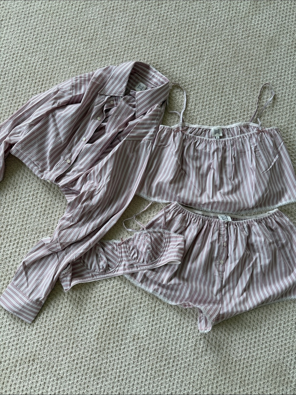 Helsa 4-Piece Pink Striped Women's Set — Camisole, Shorts ,Button Shirt, bra
